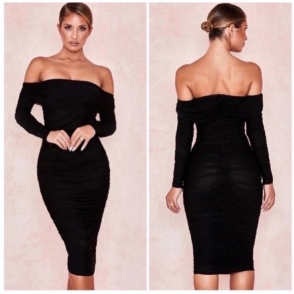 House of CB Dresses & Skirts - House Of CB Anais Off The Shoulder Long Sleeve Ruched Midi Dress Black